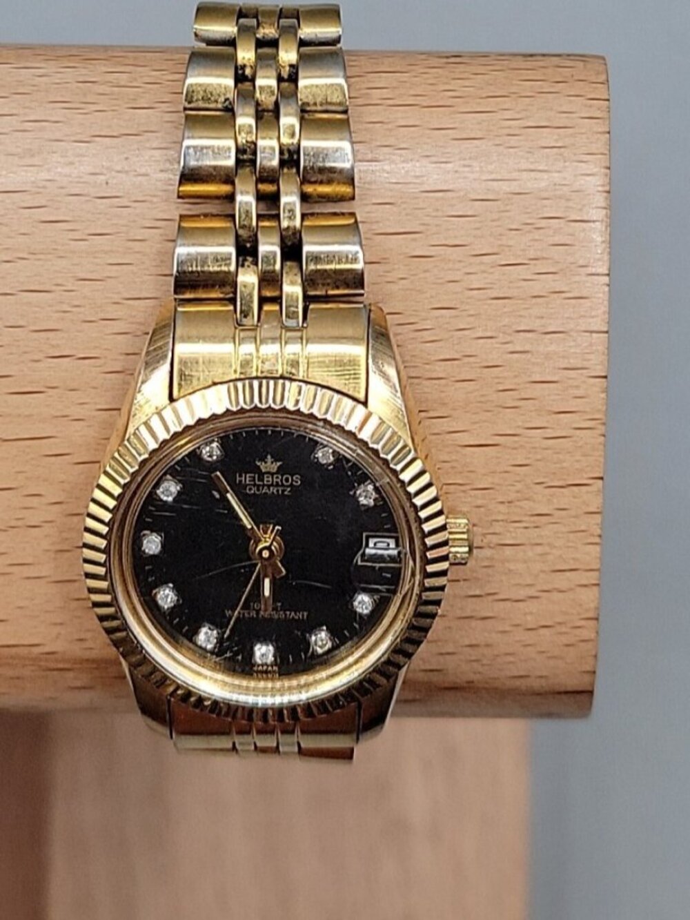 Vintage Helbros Ladies Diamond Accent Quartz Watch Black & Gold Tone 25mm 7" - Picture 2 of 13